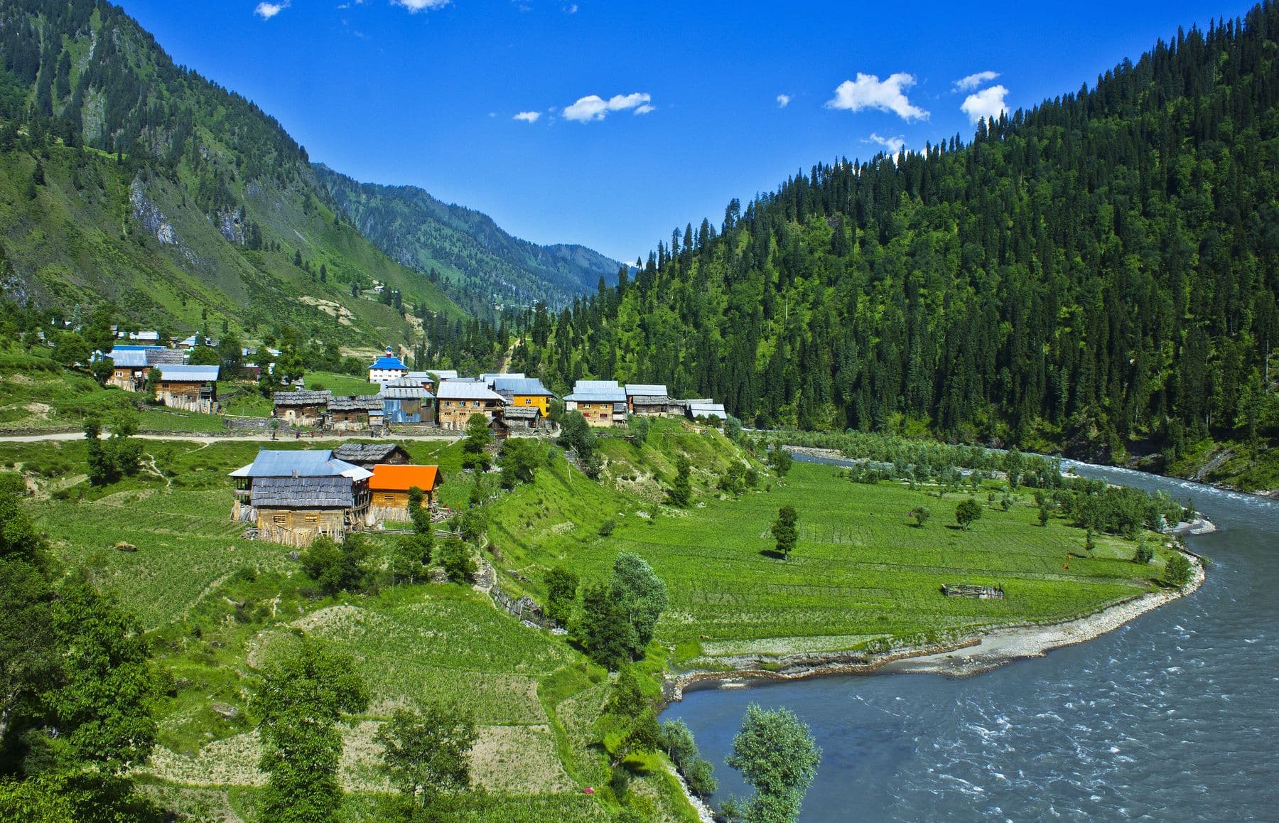 Neelum Valley — White water, wooden villages, green slopes.
